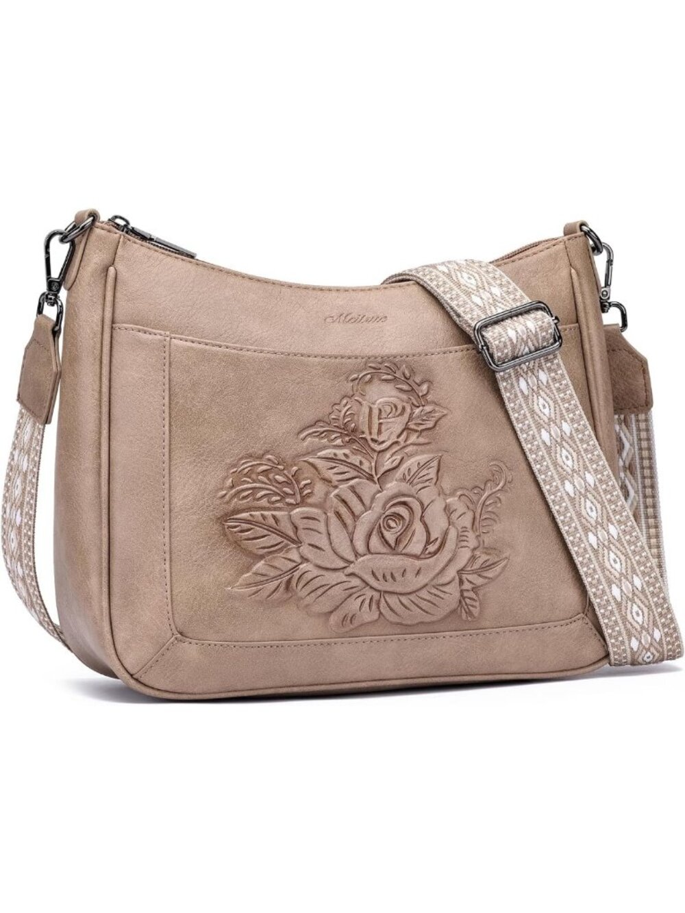 Rose Embossed Vegan Leather Crossbody Bag, Medium Hobo Purse with Strap, Travel